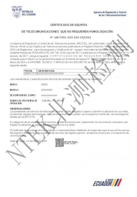 厄瓜多爾ARCOTEL認證證書